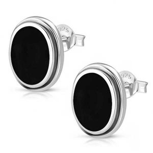 Black Onyx Oval Sterling Silver Stud Earrings