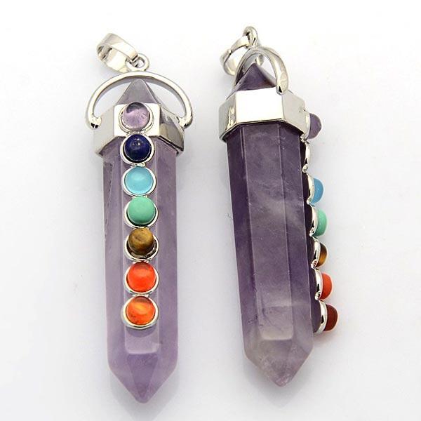 Double Terminated Amethyst Crystal Pendant with 7 Chakra gemstones