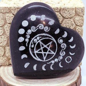 Heart shaped Black Tourmaline Palm Stone carved with pentacle and moon phases