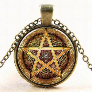 Brass Pentacle of Life Glass Pendant Necklace