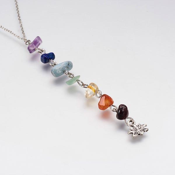 Necklace with Chakra Gemstone Chips strand with Lotus charm.