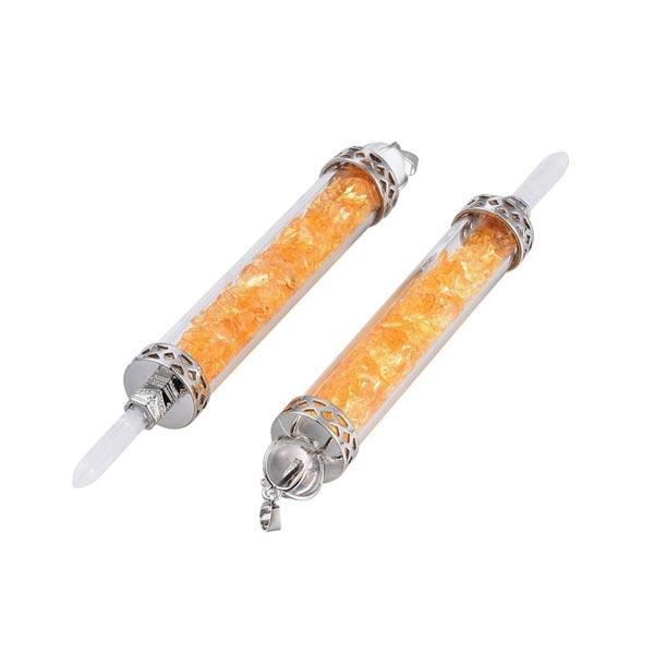 Citrine Chips in Glass Wand Pendant with Quartz Crystal Tip