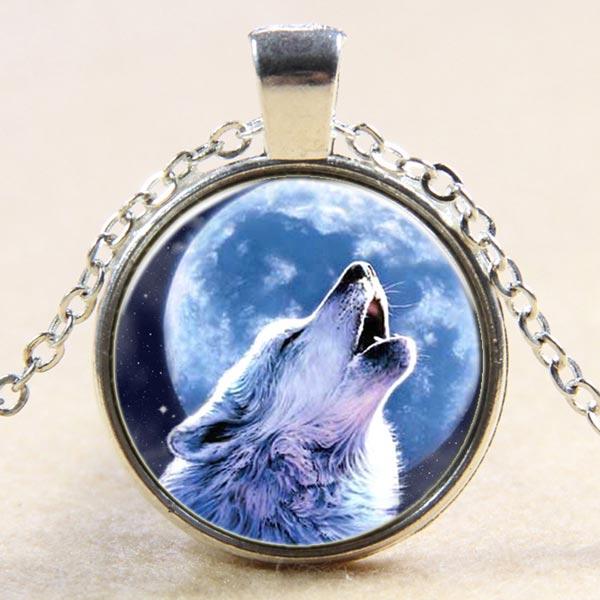 Howling Wolf Domed Glass Pendant Necklace