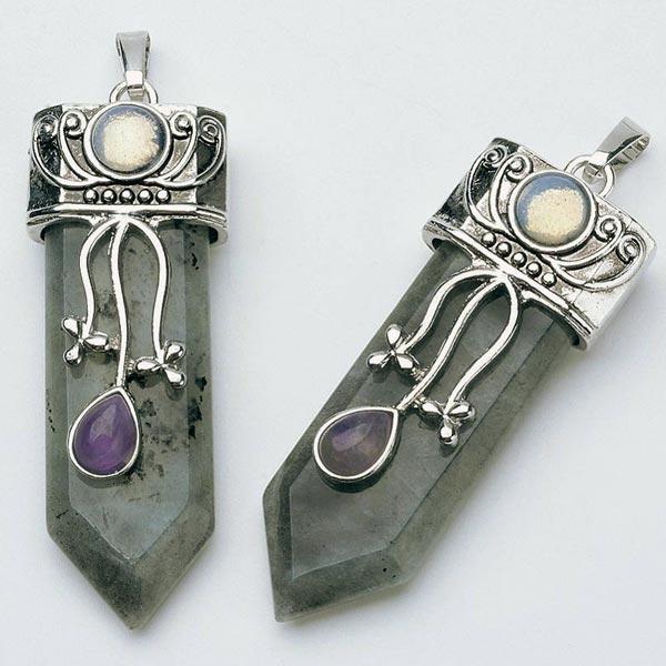 Labradorite Blade shaped pendant with amethyst and Moonstone accents