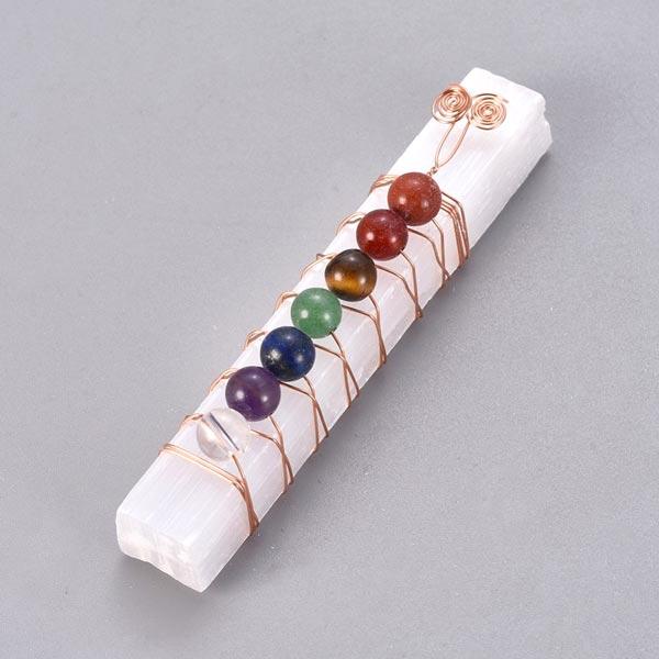 Selenite Copper Wire wrapped wand with 7 chakra gemstone beads