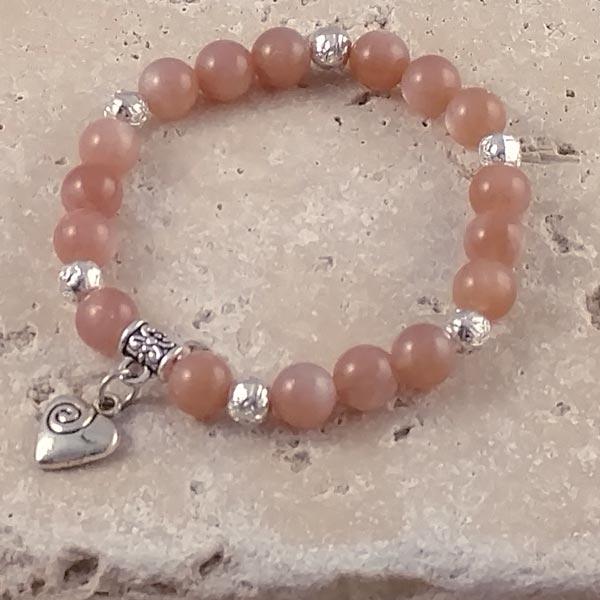 Sunstone 8mm Beaded Bracelet with Rose and Heart Charms