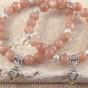 Sunstone 8mm Beaded Bracelet with Rose and Heart Charms