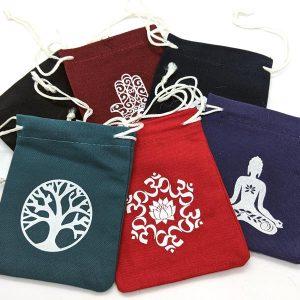 Cotton Canvas Pouches with Symbols of Celtic knot, Tree of Life, Buddha, Hamsa Hand, Lotus and OM.