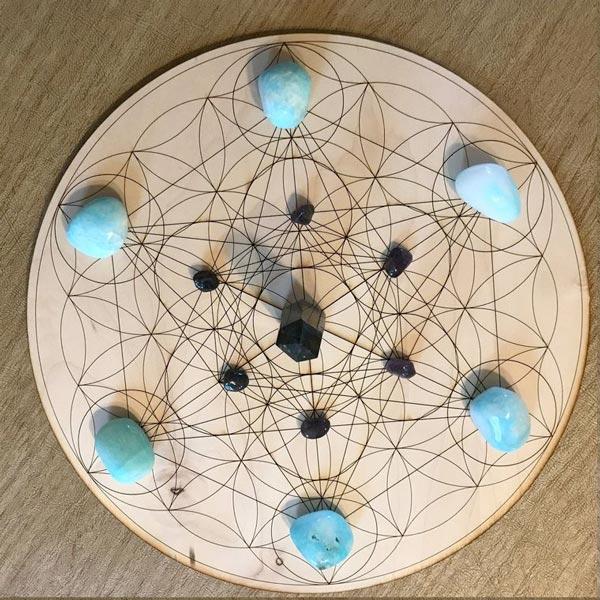 Metatron's Cube and Flower of Life Laser Cut Birch Wood Crystal Grid Plate