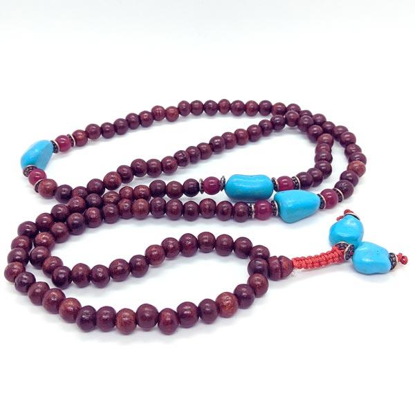 Rosewood Mala Beads with Carnelian, Turquoise and fine pewter beads