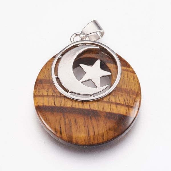 Round all natural Tigers Eye Pendant with Moon and Star Charm