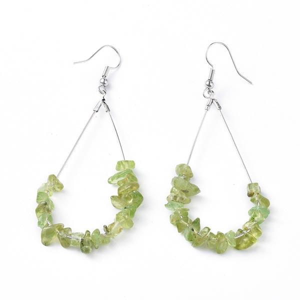 Peridot chips on hoops dangle earrings with sterling french ear wires.